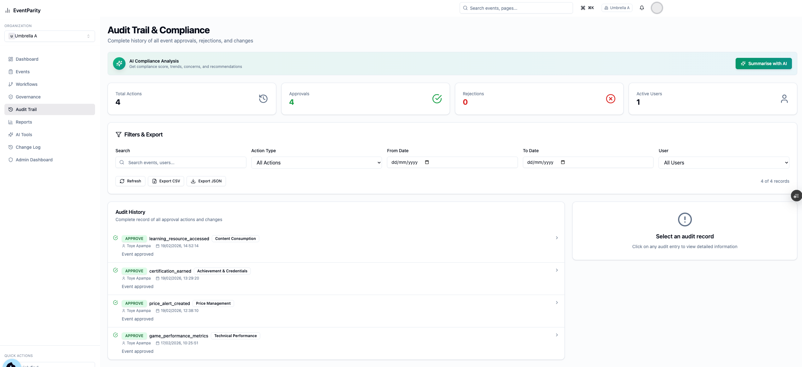 EventParity — Audit trail and compliance